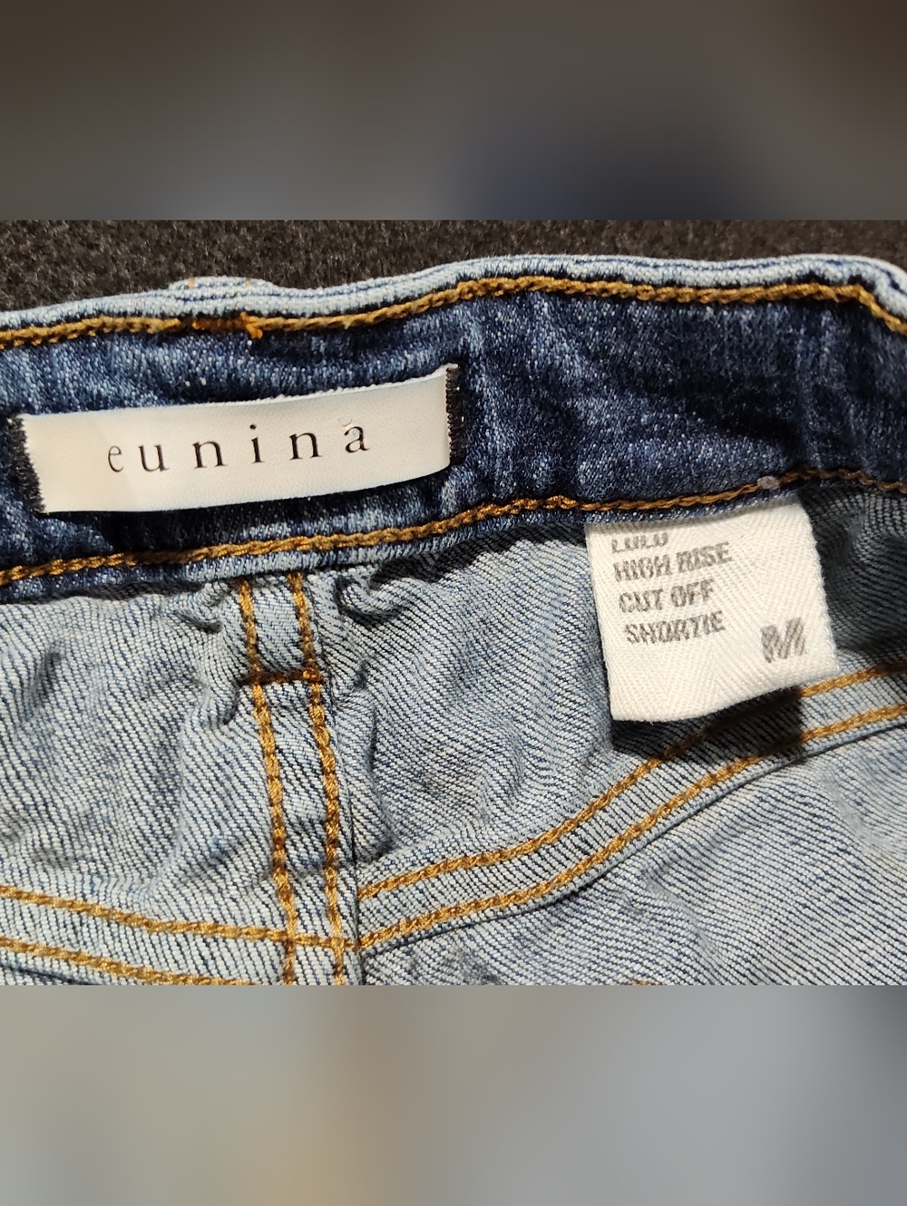 Eunina Lulu High Rise Cut Off Shortie Blue Jean Shorts, Distressed, Size M, Fun - Picture 4 of 11